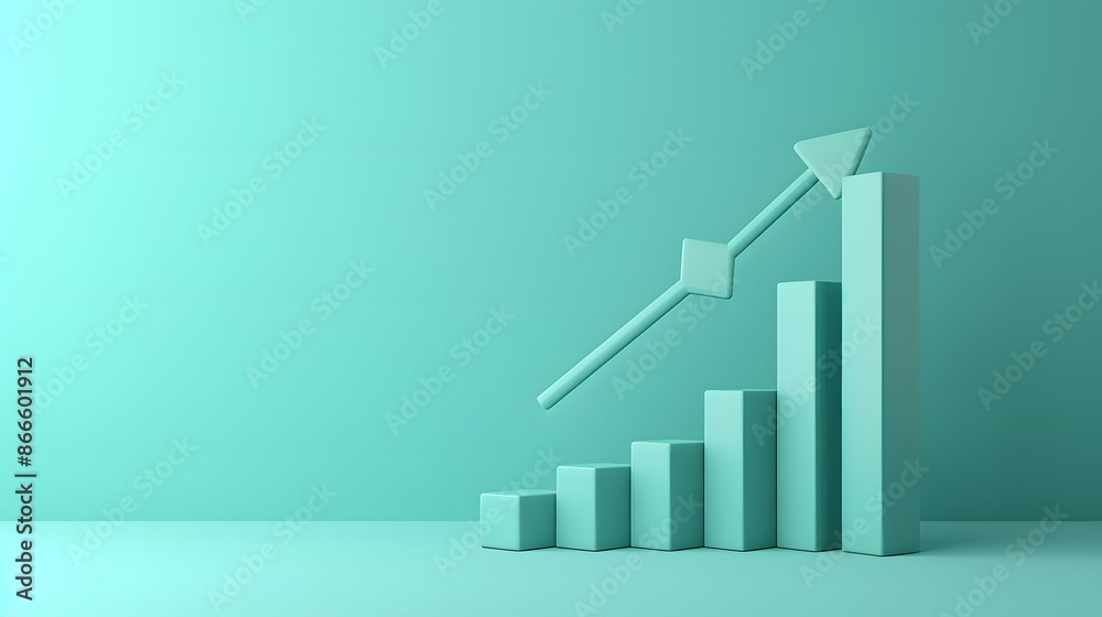 Poster minimalistic 3d rendering of a bar chart with an upward arrow representing growth, progress, and fin