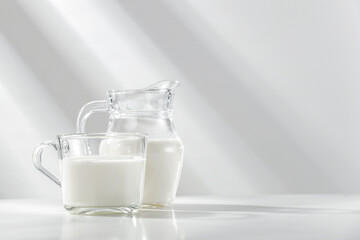 Milk in a glass white table with a white wall and natural light background. Sunlight in the morning.