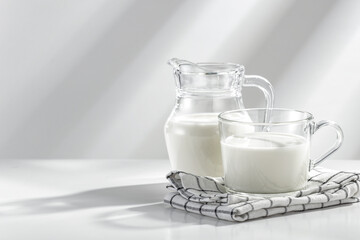 Milk in a glass white table with a white wall and natural light background. Sunlight in the morning.