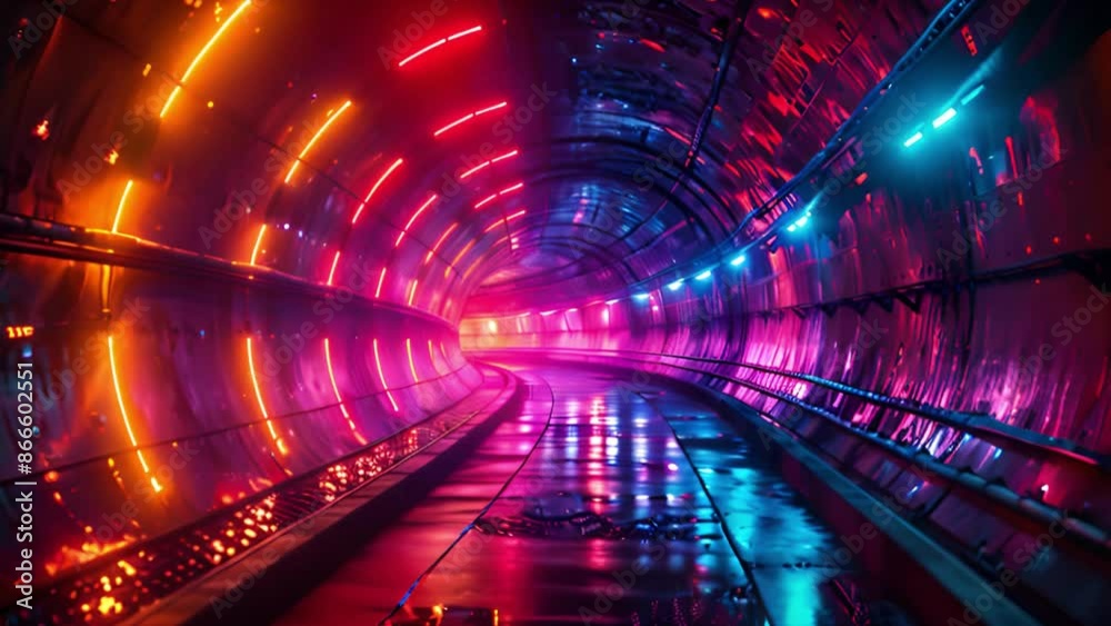 Poster A view down a brightly lit tunnel with colorful neon lights and wet pavement reflecting the light. The tunnel curves to the right, disappearing into the distance.
