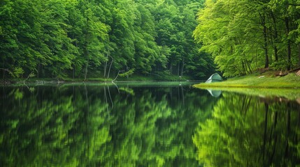 A peaceful campsite on the edge of a calm, reflective lake surrounded by dense, vibrant green forest.