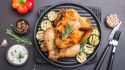 Delicious roasted chicken with rosemary and grilled zucchini on a black plate. Healthy and flavorful meal concept.