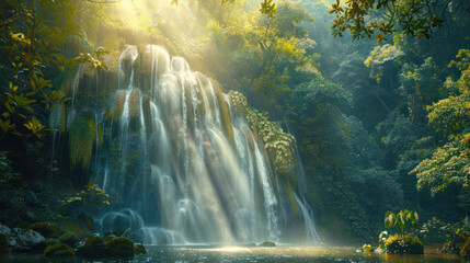 Scenic waterfall cascading down mossy rocks in lush green forest. Beautiful natural landscape for travel and adventure.