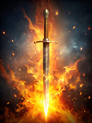 A sword in a fiery blaze with the flames surrounding it