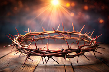 Background of a crown of thorns of Jesus Christ our Savior crucifixion on top of old wood