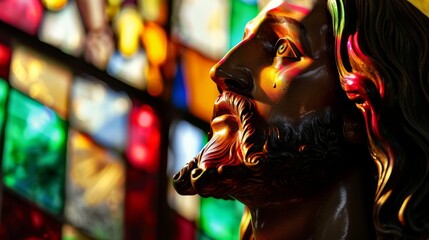 Obraz premium Close-Up of Jesus Statue with Tear and Vibrant Stained Glass Background in Church
