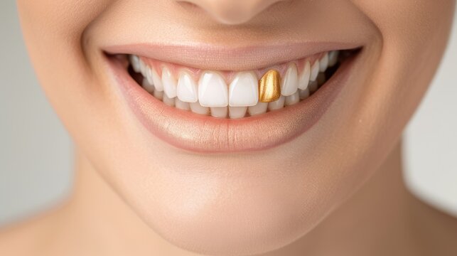 A woman with a gold tooth in her mouth
