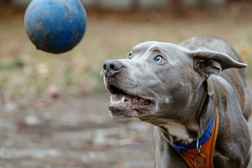 Gray dog excitedly watching a blue ball flying through the air