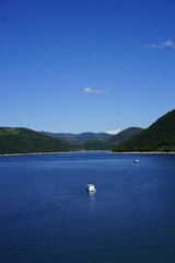Nature reserve park Uvac river with beautiful mountains, green lush forest, clear sky with no clouds and blue water and bald eagles in south Serbia in the Balkans in Europe