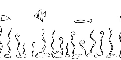 Horizontal Underwater Seamless Pattern horizontal Border. Fishes, Seaweeds and Stones. Hand drawn simple line art. Marine Vector illustration in Doodle style isolated on white background.