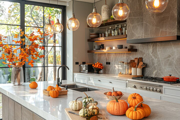 Modern kitchen interior decorated for fall with orange pumpkins, autumn home decoration