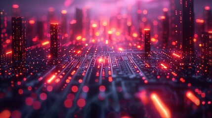 Obraz premium Futuristic Cyberpunk Cityscape with Glowing Red Lights