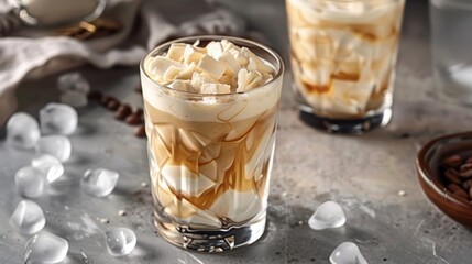 Creamy White Russian cocktail in glass with ice cubes