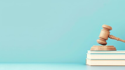 Gavel on stack of books with light blue background, symbolizing law and justice in soft pastel tones