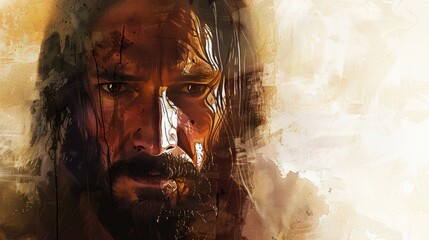 An evocative digital painting of Jesus Christ, capturing his timeless presence and profound spirituality, suitable for religious publications