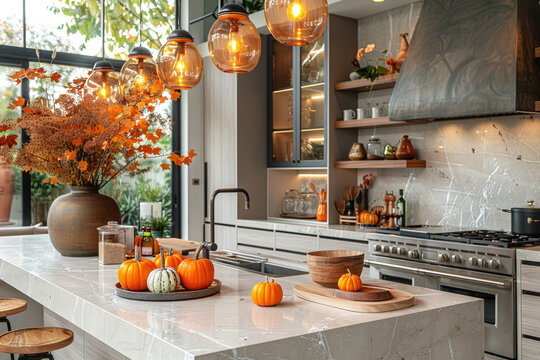 Modern kitchen interior decorated for fall with orange pumpkins, autumn home decoration