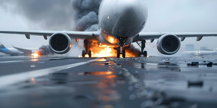 Passengers affected by explosion and fire at airport after aircraft crash. Concept Airport accident, Passenger safety, Crisis management, Aviation safety, Emergency response
