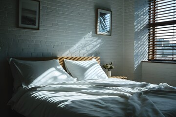 Serene bedroom with white sheets, wooden bed, and sunlight through blinds