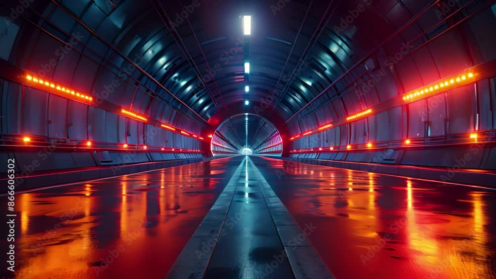 Aufkleber a wet, empty tunnel with blue and red lights reflecting off the pavement. the tunnels exit is visibl