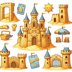 Cartoon sandcastle with tower, gate and window for summer beach vacation and children play concept. Vector illustration set of palace sculpture made of yellow shore sand. Summertime activity elements.