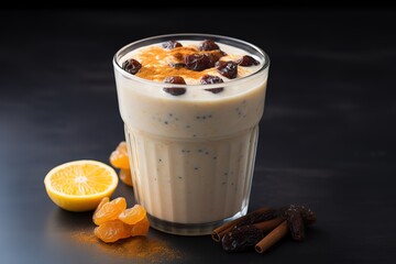 A yogurt based smoothie with date toppings