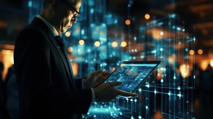 Businessman using digital tablet with holographic interface