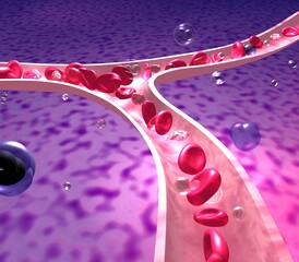 Anatomical 3d illustration of artery or vein moving. Rapid circulation of red blood cells and platelets in capillary. Capillary on organic background.