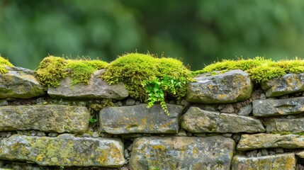 Moss-Covered Stone Wall in a Tranquil Natural Setting