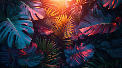 Tropical Palm trees. Summer exotic jungle abstract background with sun light