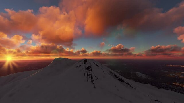 Circular aerial view at sunset of Mount Elbrus in Kabardino-Balkarian Republic. Russia