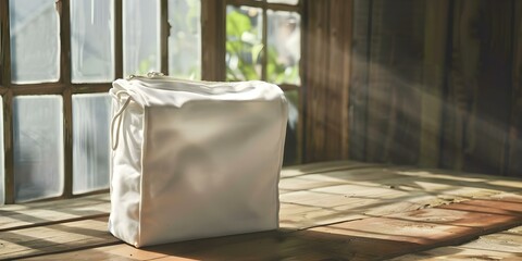 A white empty bag with open zipper on wooden table. Concept White Bag, Zipper Detail, Wood Background, Fashion Accessory, Empty Purse