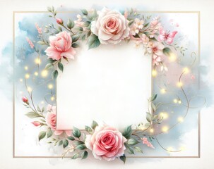 Elegant frame with pink roses, delicate greenery, and a pastel background with twinkling lights