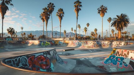 Graffiti-covered skate park with palm trees in the background