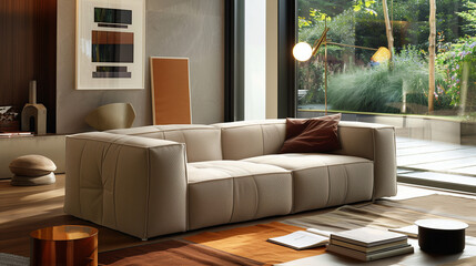 modern, rectangular sofa with a boxy design and soft cushions