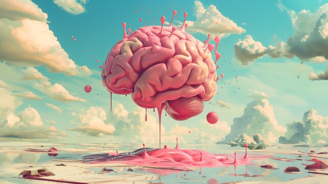 A pink brain floating in the sky, with clouds and splashes of paint around it