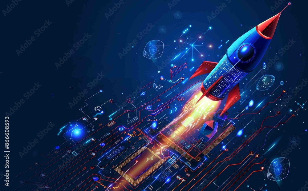 Poster abstract web page with a digital rocket, light cpu processor, and technology blue background. semico