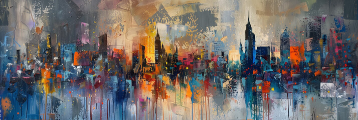 Abstraction. Panorama of big city. wide banner. Space for text. Mixed style painting. For poster, business card, invitation, flyer, banner, email, header, social media post. Generative Ai content