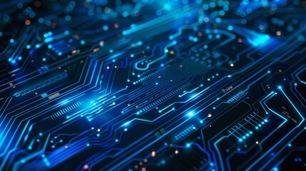 An abstract digital technology background in blue with gloving computer chips. Low poly wireframe semiconductors. CPU on circuit board. Polygonal modern illustration.