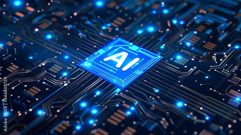 Poster the chip background with circuit lines is a technology blue background. there is a circuit board wit