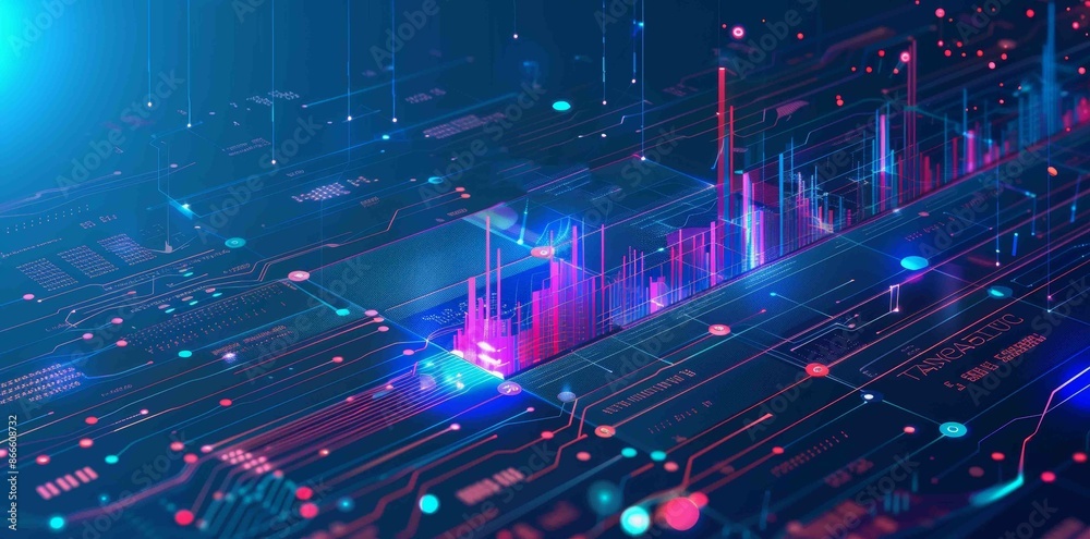 Poster candlesticks and ai chip in low poly wireframe tech blue. backgrounds in stock market and artificial