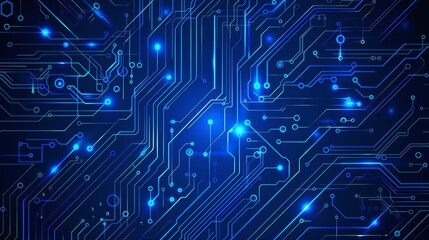 The digital modern illustration of a circuit board with chips, processors, and semiconductors on a blue background. Technology connected blue lines with electronics on a blue background. Computer