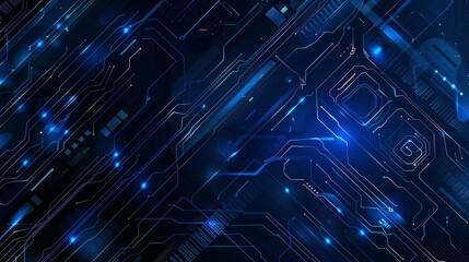 Connected circuits on a technology blue background. Circuit board. AI Tech bg. Semiconductor or CPU processor in the center. Concept of computing electronics. Abstract digital modern illustration.