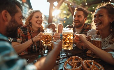 Fototapeta premium Bier clinking in a Bavarian pub by two couples
