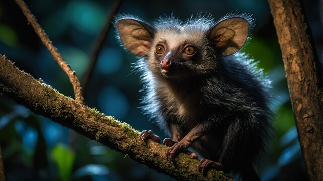 aye-aye at night on the tree