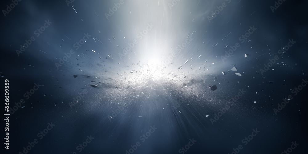 Wall mural explosion and debris in dark space.
