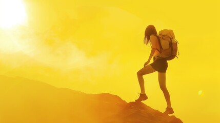 Determined Late Teenage Girl Hiking under Clear Light on Yellow Background