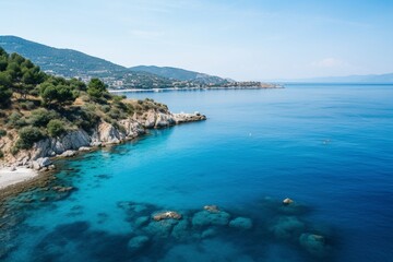 Fototapeta premium High angle shot of the ocean in different shades of blue in samos, greece