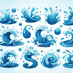 Obraz premium Liquid water splashes, falling aqua drops, sea or ocean waves and swirl. Blue water motion effects vector cartoon set