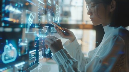 At her desk in the morning light, a businesswoman is working on digital marketing media in virtual screens with her mobile phone and a modern compute with virtual reality icon diagrams