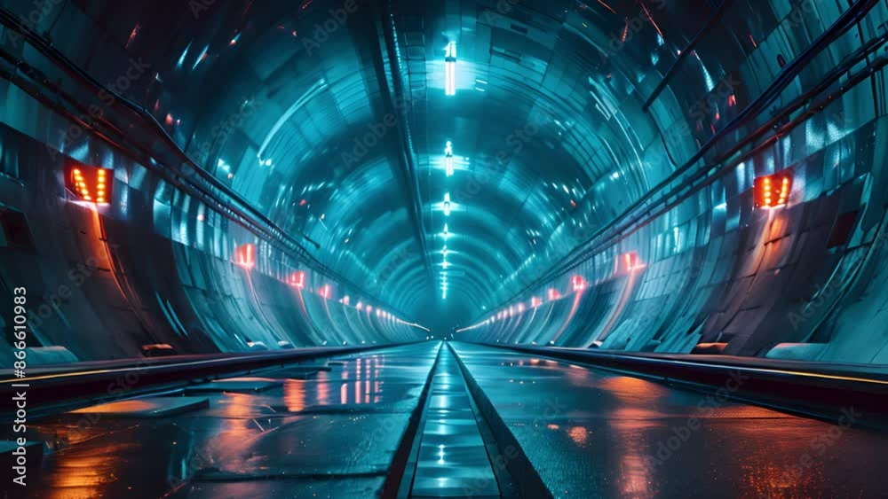 Poster A view down a long, empty tunnel lit with blue lights. The wet floor reflects the lights, creating a futuristic and surreal ambiance.